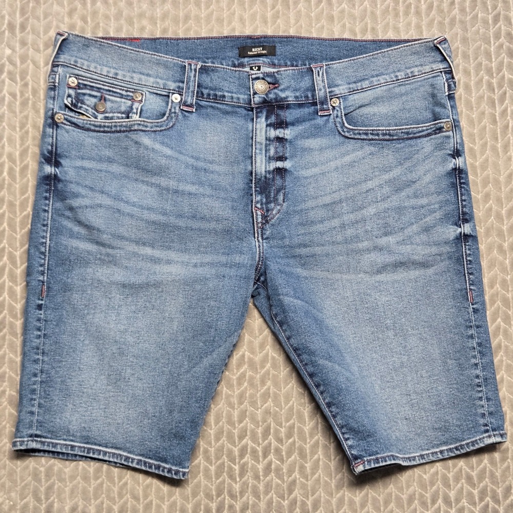 True Religion Ricky Relaxed Straight Blue Denim Flap Pocket Shorts Mens 42